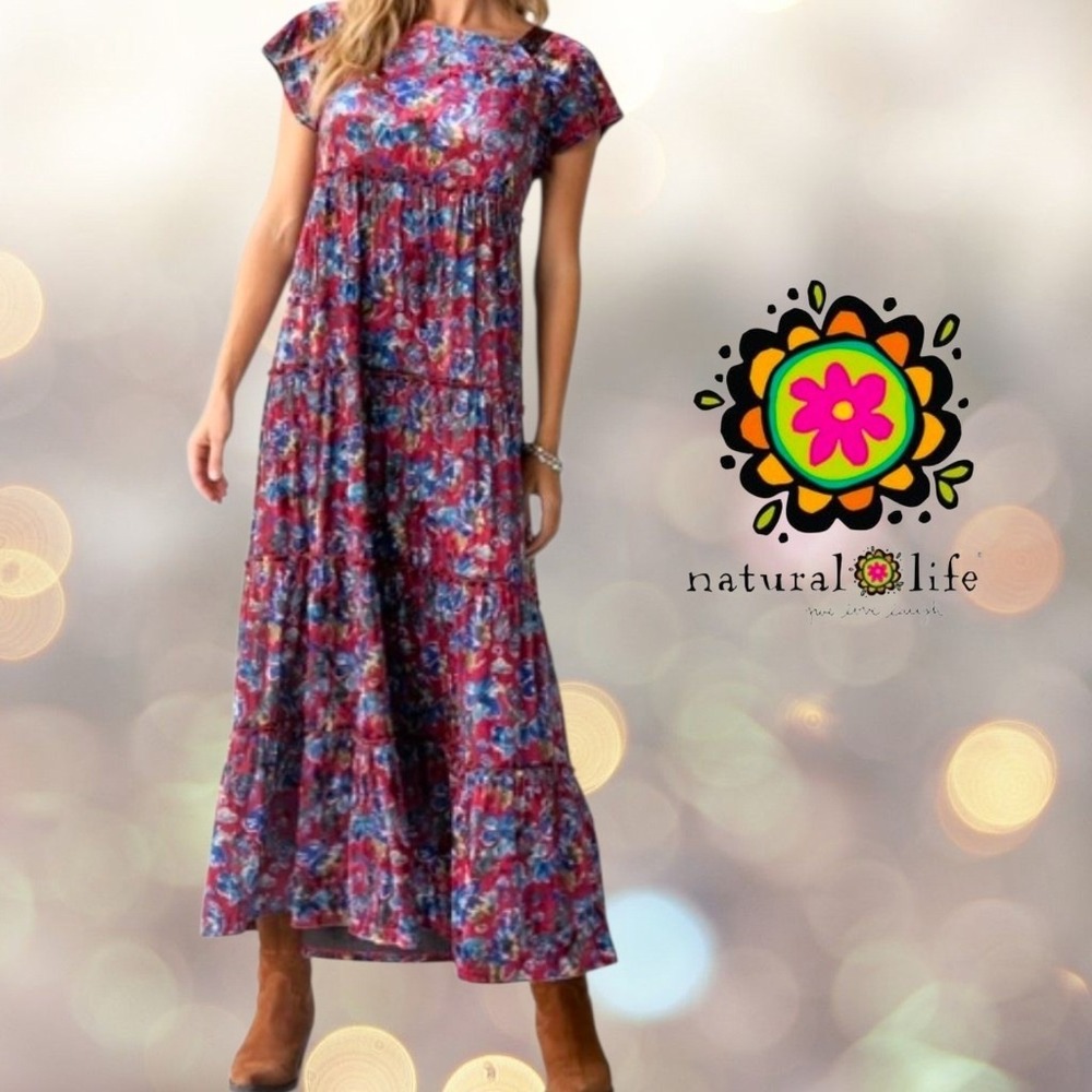 Natural Life Womens Floral Velvet Tiered Maxi Dress Burgundy & Blue XL